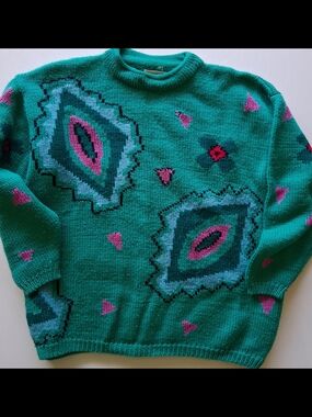 Esprit 1980’s Vintage Teal Geometric Print Wool Sweater L/XL